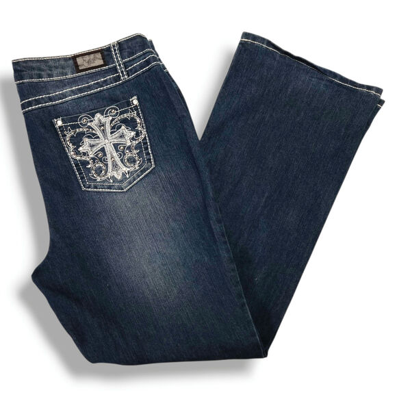 Earl Jean High Rise Bootcut Jeans Sz 16 Cross Pocket Bling Denim Y2K Western M - Picture 1 of 9